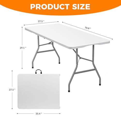 6 FT Folding Table,Outdoor Indoor Plastic Table Portable Square Height Dining Table Perfect for Picnics, Parties, Party and Camping, White