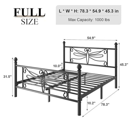 E-Ser Full Size Bed Frame, Metal Platform Bed with Dragonfly Pattern, Black, view 3