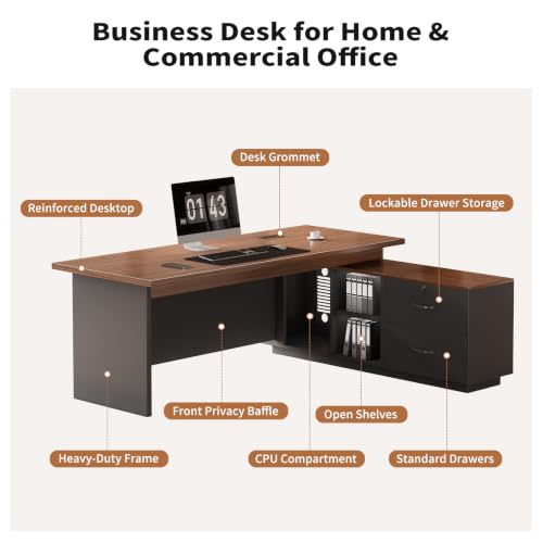 63" L-Shaped Executive Desk with Drawers, Office Desk with Storage, view 4