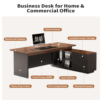 63" L-Shaped Executive Desk with Drawers, Office Desk with Storage, view 4