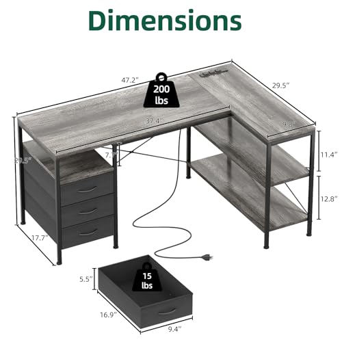 L Shaped Computer Desk with 3 Drawers & Power Outlets, view 4
