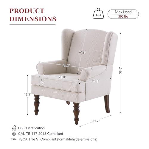 Printed Wingback Accent Chair, Linen Upholstered High Back Armchair, Comfy Reading Chair for Living Room Bedroom Study, 300lbs Weight Capacity (1, Tan with Lines)