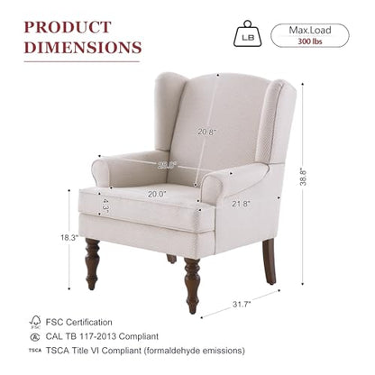 Printed Wingback Accent Chair, Linen Upholstered High Back Armchair, Comfy Reading Chair for Living Room Bedroom Study, 300lbs Weight Capacity (1, Tan with Lines)