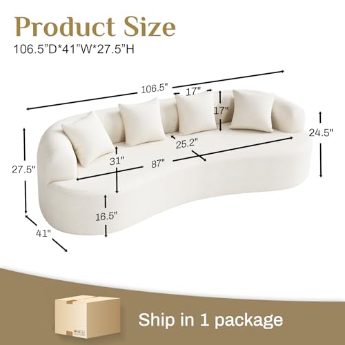 Oversized Sectional Sofa for Living Room, Modern Luxury Plush Chenille 4-Seater Extra Deep & Wide Seat Curved Cloud Couch with 4 Throw Pillows, No Assembly Needed, Cream White