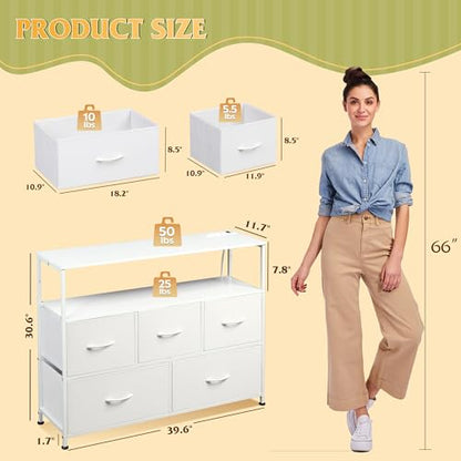 White Dresser for Bedroom with 5 Drawers，Fabric Dresser with Charging Station, view 4