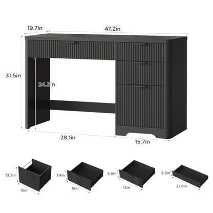 47" Office Desk with 4 Fluted Drawers, Wooden Home Exectuive Desk with A File Drawer, Modern Farmhouse Computer Desk for Work, Study, Home Office, Bedroom,Pure Black