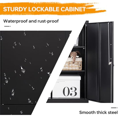 STANI Metal Storage Cabinet with 2 Adjustable Shelves, Steel Counter Cabinet with Lockable Doors for Home Office (Black)