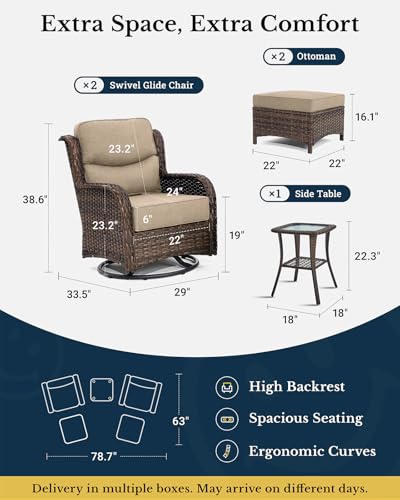 5-Piece Luxury Patio Furniture Set with 6" Thick Cushions, Weather-Resistant Wicker High Back Swivel Rocker Chairs, Senior-Friendly Conversation Set for Small Porch, Deck and Sunroom, Beige(V2)