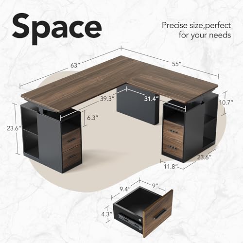 63 Inch L Shaped Standing Desk, Electric Executive Height Adjustable Desk with Storage Drawers, Reversible Design Computer Workstation for Home Office, Black Walnut