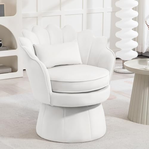 360° Swivel Accent Chair, Mid-Century Modern Velvet Barrel Chair, Comfy Shell Shape Arm Chair with Lumbar Pillow for Living Room, Bedroom, Office, White