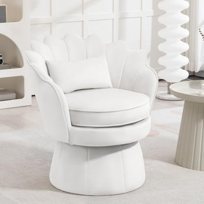 360° Swivel Accent Chair, Mid-Century Modern Velvet Barrel Chair, Comfy Shell Shape Arm Chair with Lumbar Pillow for Living Room, Bedroom, Office, White