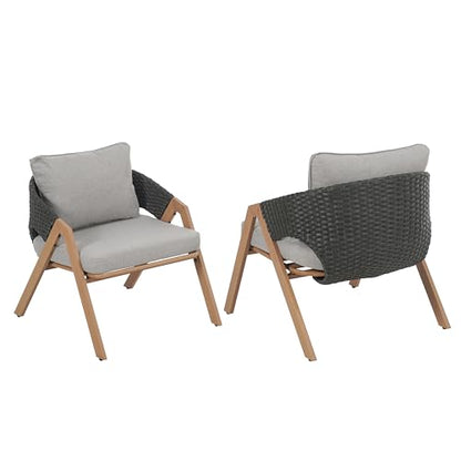 Lucia Metal Lounge Chair Outdoor Set of 2, Woven Rattan Patio Accent Chair with Curved Backrest, Patio Furniture Single Sofa Chair with Removable Cushion, Grey+Teak