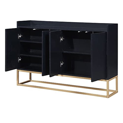 LUMISOL Modern Sideboard Storage Cabinet with Doors and Adjustable Shelves Wooden Kitchen Sideboard Buffet Cabinet with Metal Base and Fence Tabletop, Black