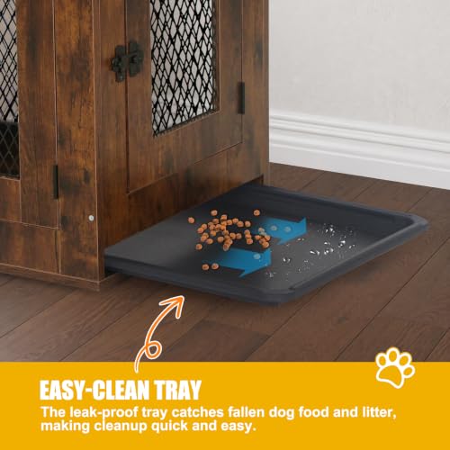 Wooden Dog Crate Furniture End Table with Metal Mesh, Rustic Brown, view 3