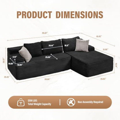 Boneless Couch Modular Sectional Sofa L-Shape Cloud Couch Lounge | 96" Right Facing Chaise Black,Memory Foam,Removable Cover,Non-slip Bottom,No Assemble Required,Furniture for Small Home