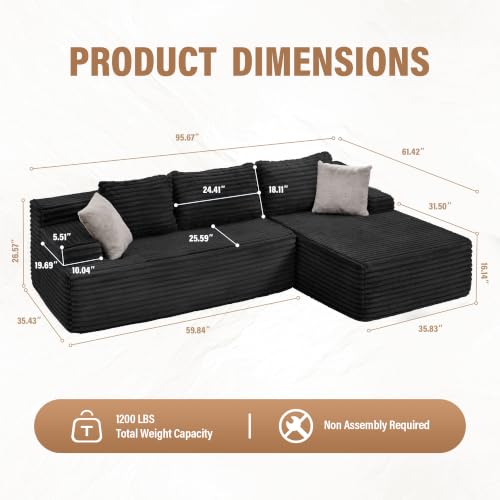 Boneless Couch Modular Sectional Sofa L-Shape Cloud Couch Lounge | 96" Right Facing Chaise Black,Memory Foam,Removable Cover,Non-slip Bottom,No Assemble Required,Furniture for Small Home