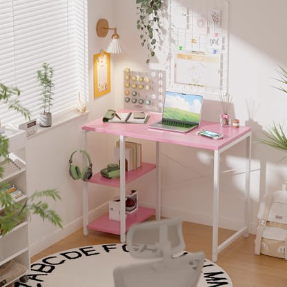 32 Inch Small Computer Desk with Shelves, Home Office Desk with Headphone Hook for Bedroom, Study Writing PC Table for Small Spaces, Pink