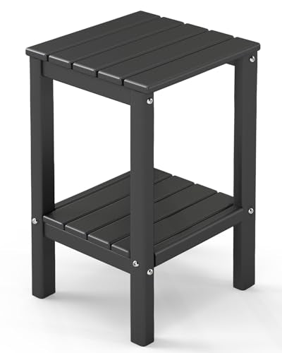 Tall-Outdoor-Side-Table | 23.5" | HDPE Plastic | Patio Adirondack End Tables | All Weather | 2-Tier | Black | for Porch Garden Indoor & Rocking Chairs