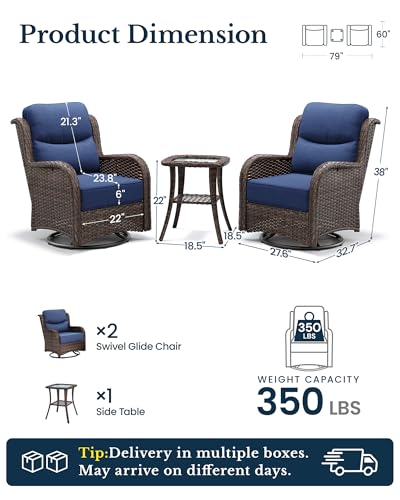 Luxury Outdoor Swivel Rocker Patio Chairs of 2 with 6 Inch Thick Cushions and Side Table, Swivel Outdoor Chairs 3PCS High Back Wicker Patio Furniture Set for Porch, Balcony, Deck in Blue
