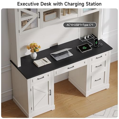 72" H Farmhouse Executive Desk with Hutch, Office Desk, Computer Desks with Charging Station, Computer Workstations with 5 Drawers and Storage Cabinet for Home, Office, Off White & Black