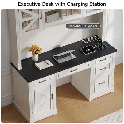 72" H Farmhouse Executive Desk with Hutch, Office Desk, Computer Desks with Charging Station, Computer Workstations with 5 Drawers and Storage Cabinet for Home, Office, Off White & Black