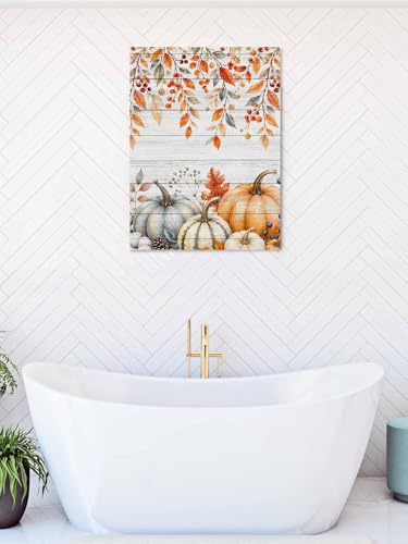 NuYeBiofx Farm Thanksgiving Pumpkins Canvas Wall Art Prints,30"x20" Framed Picture Artwork Hanging Palm Leaves on Wood Printed Canvas Oil Painting for Living Room Bedroom Office,Ready to Hang