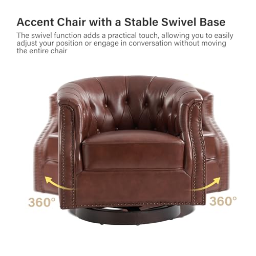 Genuine Leather Swivel Accent Chair, Swivel Rocker Barrel Chair, Traditional Chesterfield Armchair with Button-Tufted Design, No Assembly Required, Brown