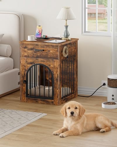 Dog Crate Furniture, Wooden Dog Kennel with Charging Station and Storage Drawer, view 3