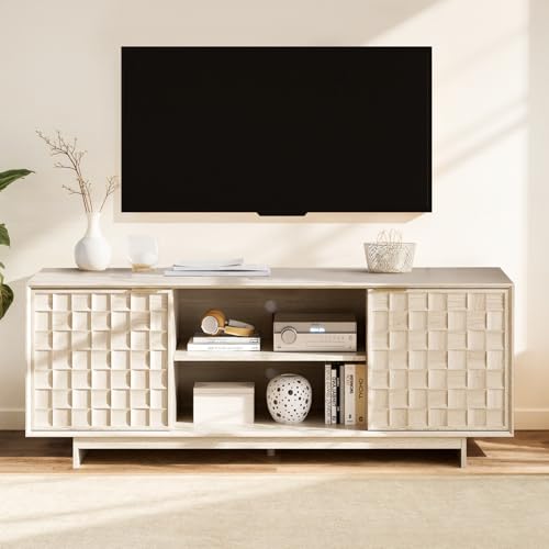 TV Stand with Two Doors, Entertainment Center 59" with Adjustable Shelves and Storage, Mid-Century Modern TV Stand for 50/55/65 inch TV, Media Console Cabinet for Living Room, Bedroom Oak