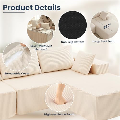 108" L-Shaped Sectional Boneless Couch for Living Room, Upholstered Corduroy Sofa with Deep Seat for Small Apartment, Bedroom, No Assembly in a Box, Right Facing Chaise, Beige