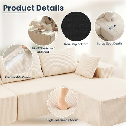 108" L-Shaped Sectional Boneless Couch for Living Room, Upholstered Corduroy Sofa with Deep Seat for Small Apartment, Bedroom, No Assembly in a Box, Right Facing Chaise, Beige