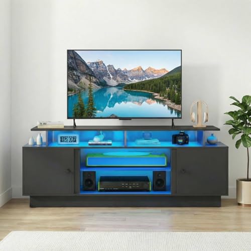 Modern TV Stand with LED Lights for up to 80 Inch TVs, Black, view 2