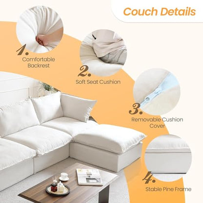 U-Shaped White Cloud Sectional Couches, Deep 6-Seats Convertible Couch, Modular Sofa with Chaise Ottomans, Sofas Furniture for Living Room Bedroom Office Apartment (White)