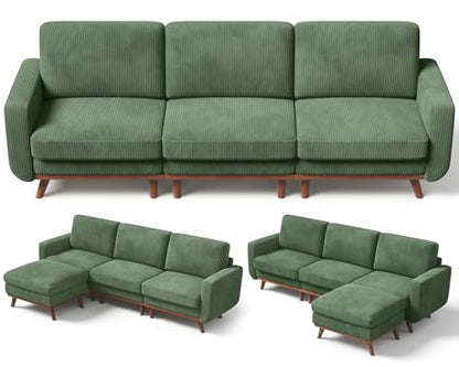 97" L-Shape Modular Sofa, 3-Seat Corduroy Couch with Movable Ottoman, Sectional Sofa for Living Room, Green