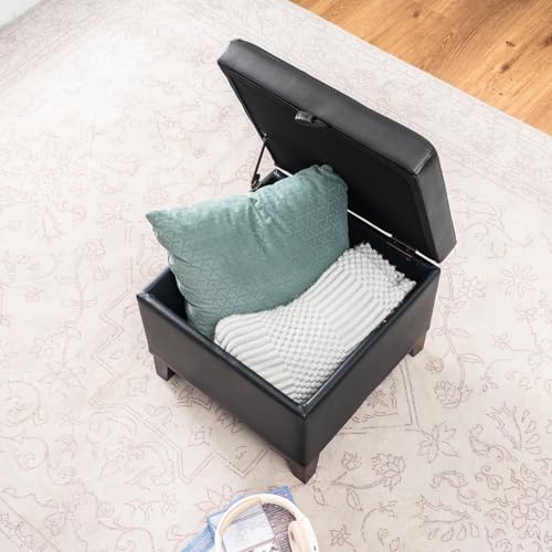17 Inch Storage Ottoman Foot Rest,Square Faux Leather Foot Stool,Small Ottoman with Storage,Padded Seat for Entryway,Living Room,Bedroom,Couch,Under Desk,Black