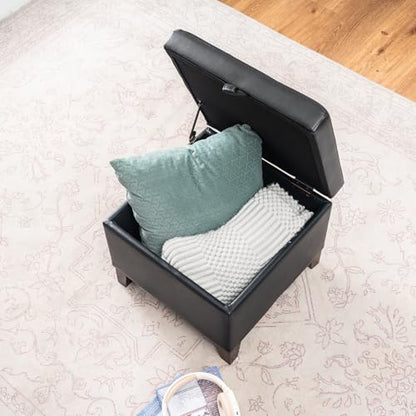 17 Inch Storage Ottoman Foot Rest,Square Faux Leather Foot Stool,Small Ottoman with Storage,Padded Seat for Entryway,Living Room,Bedroom,Couch,Under Desk,Black