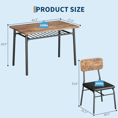 Dining Table Set for 4 with Storage Rack, 5-Piece Kitchen Table and Upholstered Chairs of 4, Wood Tabletop & Heavy-Duty Metel Frame, Dining Room Set for Small Space, Apartment, Brown