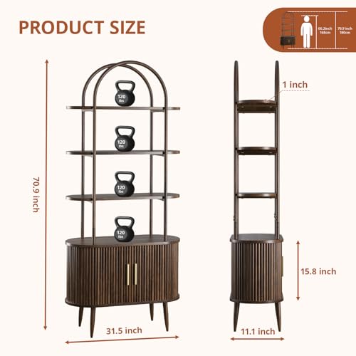 71" Tall Arched Bookshelf with Sliding Doors, Mid Century Modern Metal Curved Bookcase Cabinet with Storage, 4-Tier Storage Shelf for Living Room, Home Office, Bedroom, Walnut