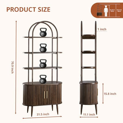 71" Tall Arched Bookshelf with Sliding Doors, Mid Century Modern Metal Curved Bookcase Cabinet with Storage, 4-Tier Storage Shelf for Living Room, Home Office, Bedroom, Walnut