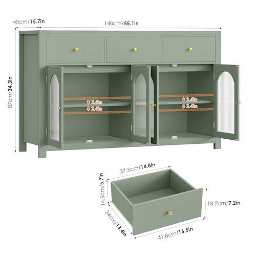 Buffet Cabinet with Storage, 55.1" Large Sideboard Buffet, Farmhouse Kitchen Cabinet with 3 Drawers and 4 Doors, Wood Coffee Bar Table for Kitchen, Green