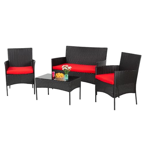 PayLessHere Outdoor Furniture Set 4Pc Modular Patio Furniture Set Water Resistant Conversation Set with 3 Rattan Chairs 1 Tempered Glass Topped Table Seat Cushions for Patio Balcony Poolside, Red