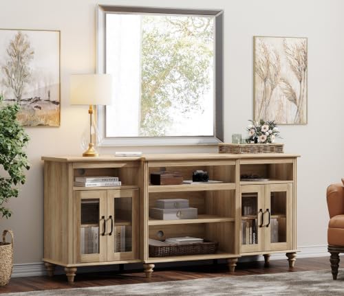 Farmhouse TV Stand for TVs Up to 75 inch, TV Cabinet with Glass Door and Shelf, view 4