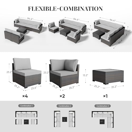 WWR Patio Furniture Set 7 Piece - All-Weather - Wicker Rattan Patio Outdoor Conversation Set, Modular Sectional Sofa for Backyard, Garden, Poolside, Balcony, Porch, Patio, Brown/Light Gray