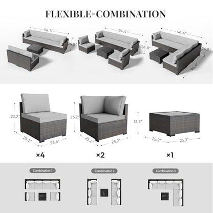 WWR Patio Furniture Set 7 Piece - All-Weather - Wicker Rattan Patio Outdoor Conversation Set, Modular Sectional Sofa for Backyard, Garden, Poolside, Balcony, Porch, Patio, Brown/Light Gray