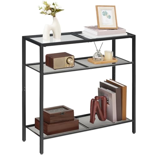 29.5" Narrow Console Table, 3-Tier Tempered Glass Sofa Table, Modern Entryway Table, for Entrance, Living Room, Foyer, Hallway Bedroom, Black BK21XG01G1