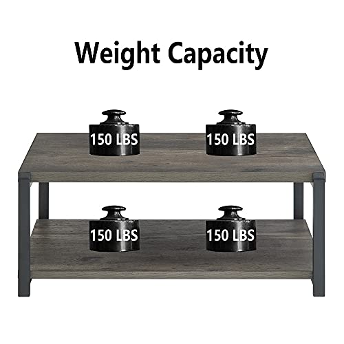 Coffee Table with Storage Shelf, Rustic Wood and Metal Cocktail Table for Living Room, Grey