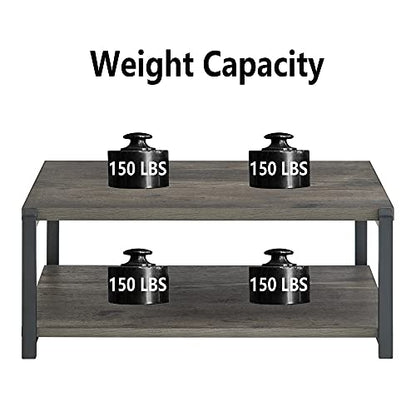 Coffee Table with Storage Shelf, Rustic Wood and Metal Cocktail Table for Living Room, Grey