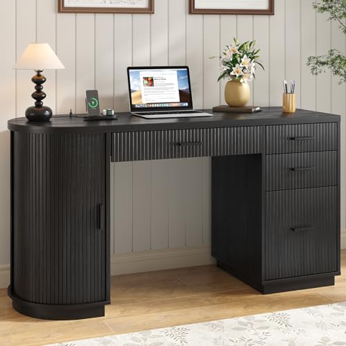 58 Inch Fluted Executive Desk, Computer Desk with Storage Drawers & File Drawer, Modern Home Office Desk with Charging Station for Working, Studying, Writing, Black