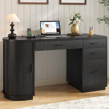 58 Inch Fluted Executive Desk, Computer Desk with Storage Drawers & File Drawer, Modern Home Office Desk with Charging Station for Working, Studying, Writing, Black