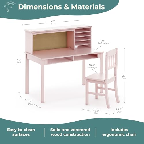 Guidecraft Children’s Media Desk and Chair Set – Pink: Student's Study Computer Workstation with Hutch and Shelves, Wooden Kids Bedroom Furniture